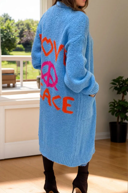 Peace Sign Long Sleeve Cardigan Cerulean