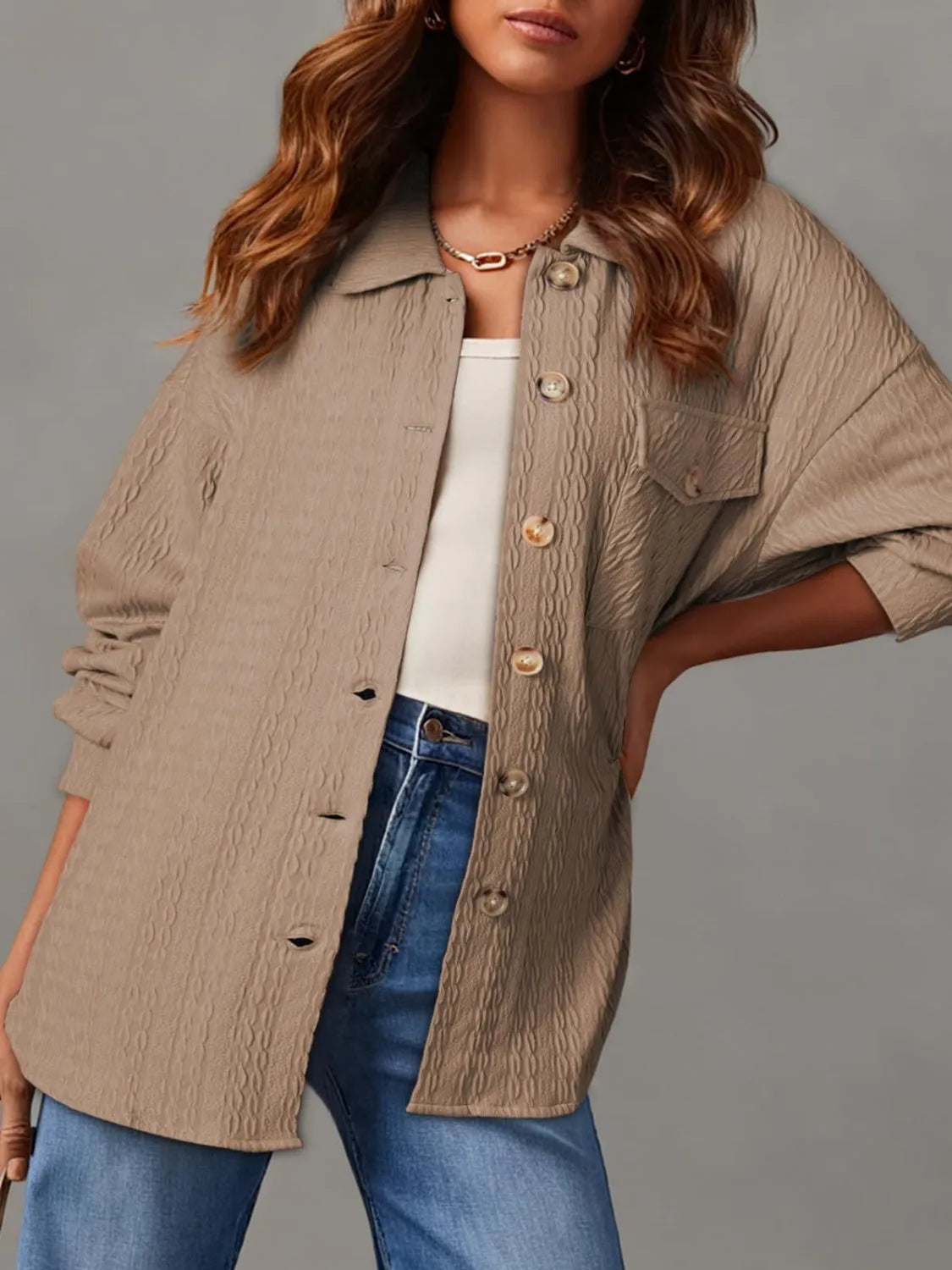 Textured Button Up Long Sleeve Shacket Camel