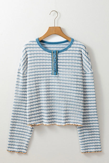 Striped Round Neck Dropped Shoulder Long Sleeve Top Dusty Blue