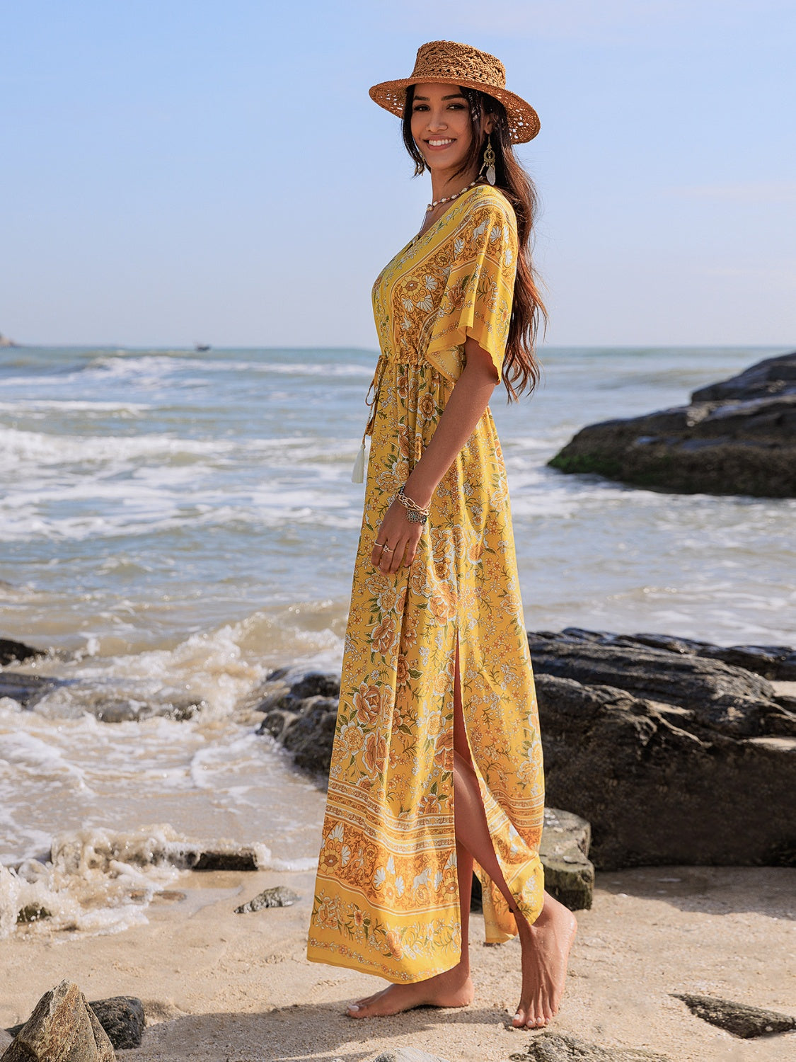 Drawstring Printed Plunge Half Sleeve Dress Gold