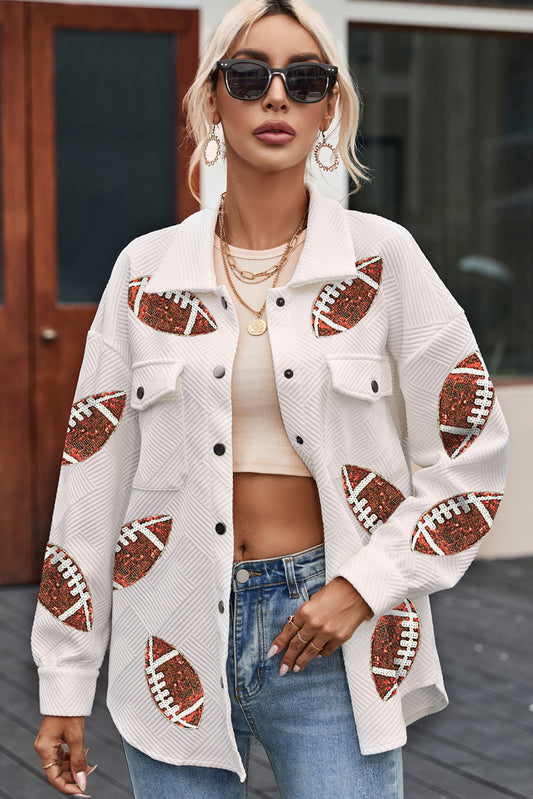 Sequin Football Patch Collared Neck Snap Button Jacket White