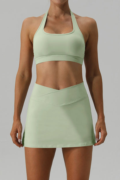 Halter Neck Tank and Slit Skirt Active Set Light Green