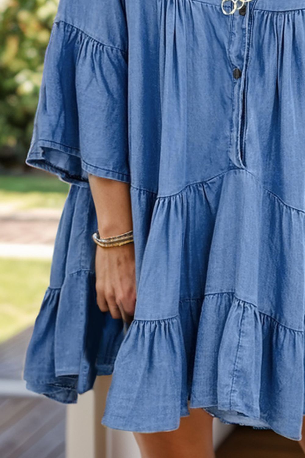 Notched Flare Sleeve Denim Dress Medium