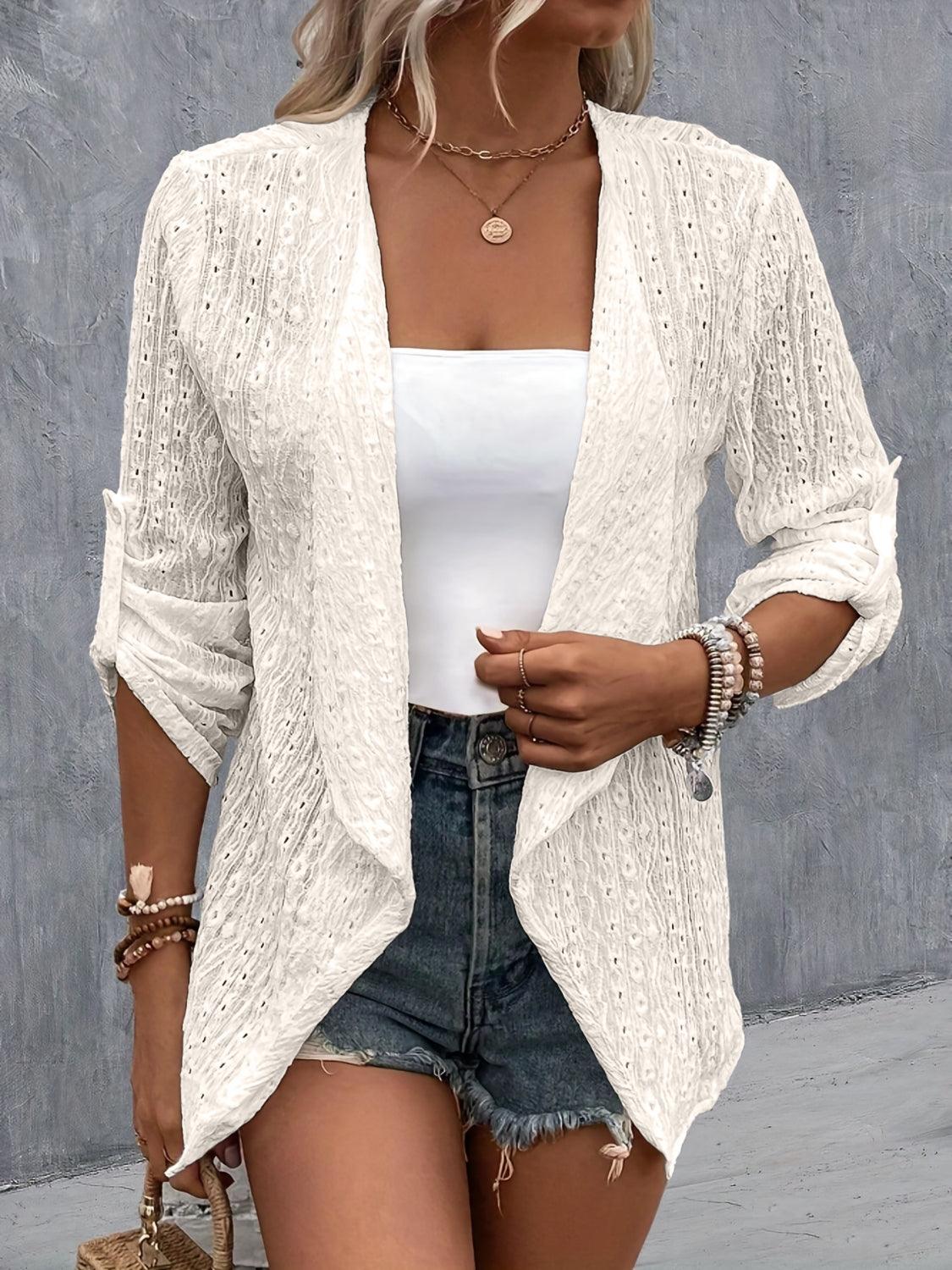 Eyelet Roll-Tab Sleeve Cardigan White