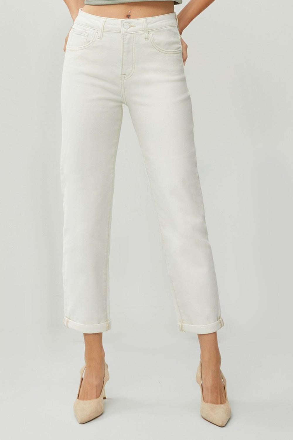 RISEN Full Size High Waist Rolled Hem Straight Jeans Cream