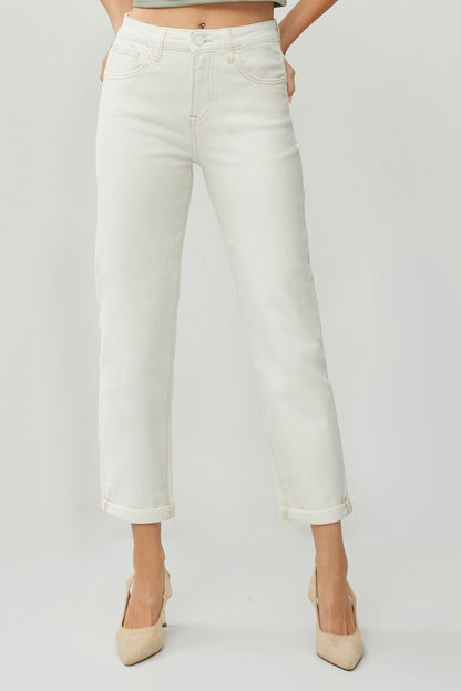 RISEN Full Size High Waist Rolled Hem Straight Jeans Cream