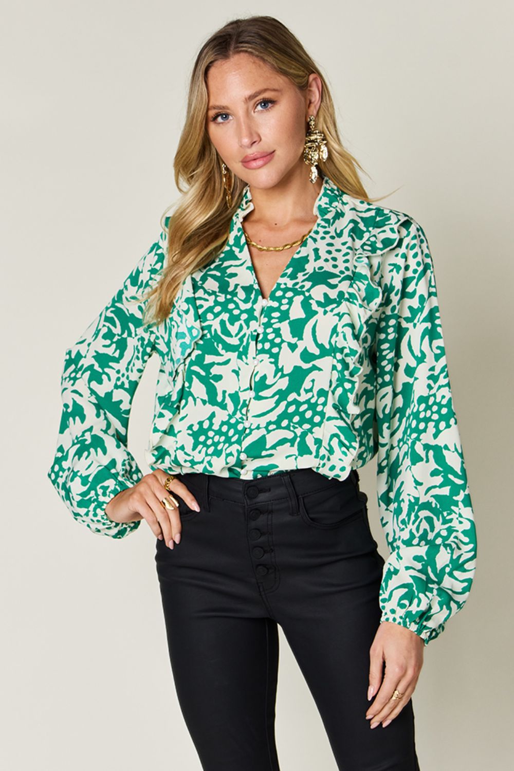 Double Take Full Size Printed Ruffle Trim Balloon Sleeve Shirt Mid Green