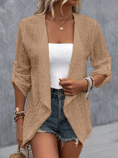 Eyelet Roll-Tab Sleeve Cardigan Camel