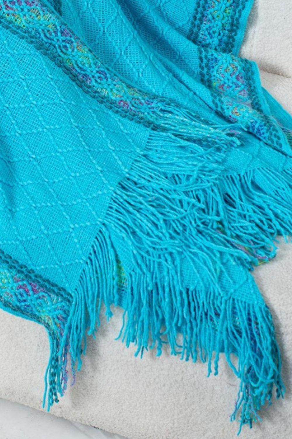 Fringe Half Sleeve Hooded Poncho Sky Blue One Size