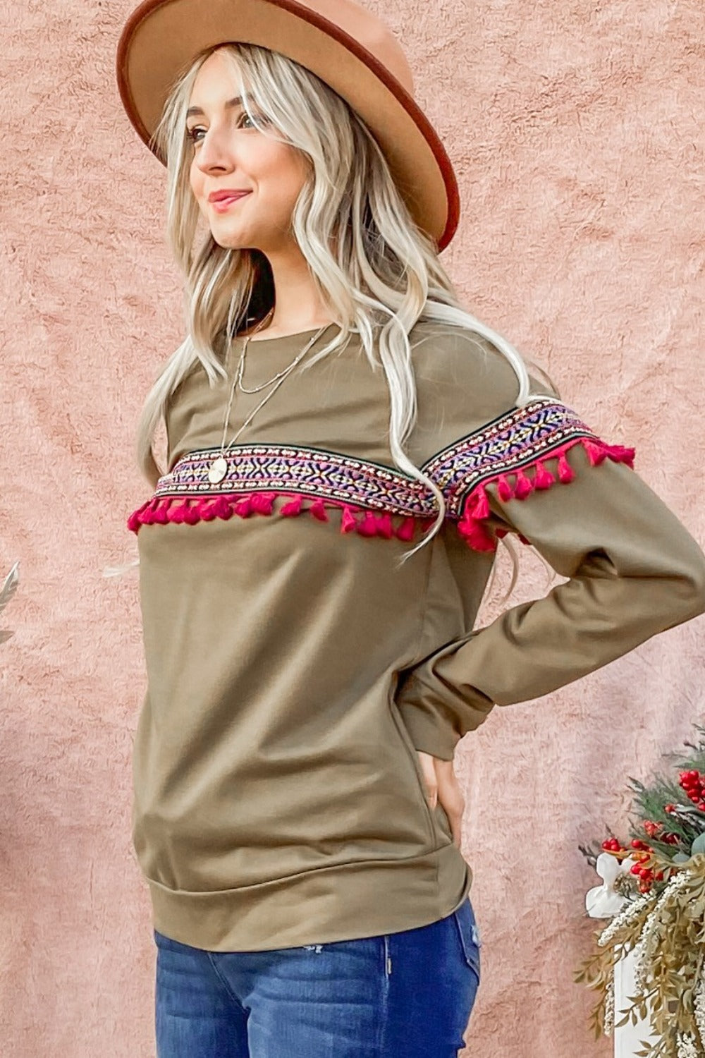 And The Why Ethnic Ribbon Tassel Trim Top Olive