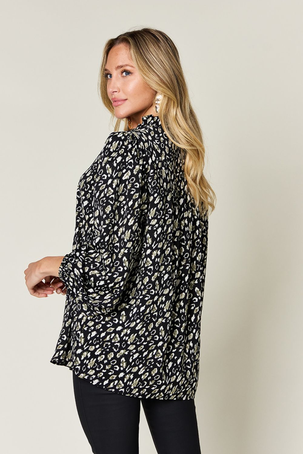 Double Take Full Size Leopard Long Sleeve Blouse Black