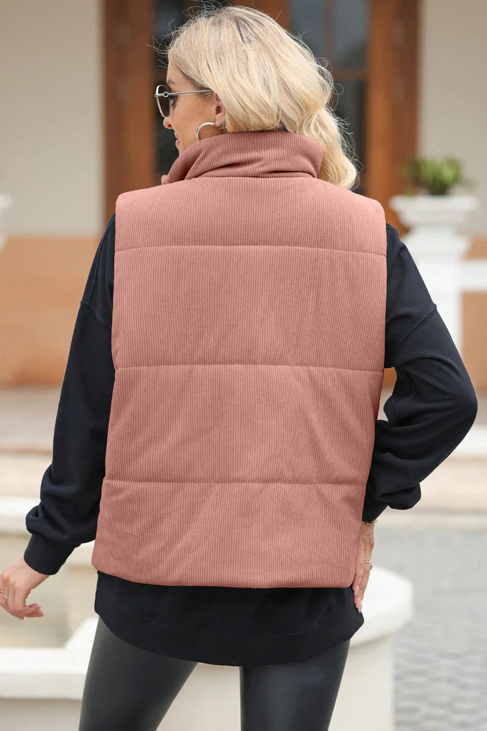 Pocketed Zip Up Turtleneck Vest Coat Dusty Pink