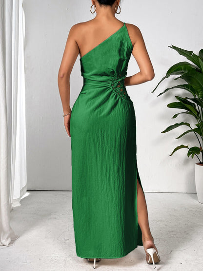 Honey Slit One Shoulder Sleeveless Maxi Dress Dark Green