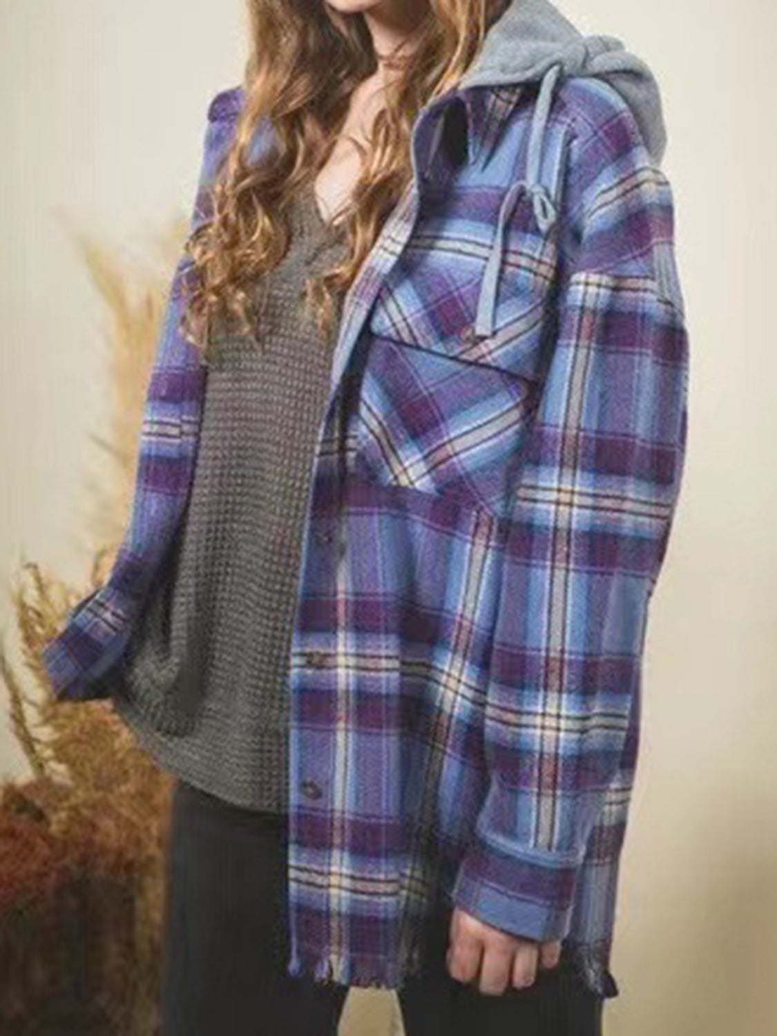 Raw Hem Plaid Long Sleeve Hooded Jacket Dusty Blue