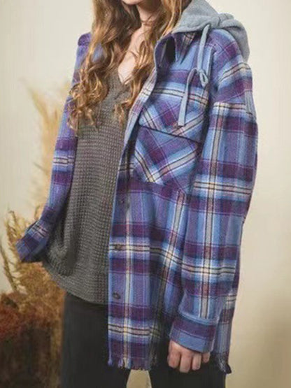 Raw Hem Plaid Long Sleeve Hooded Jacket Dusty Blue