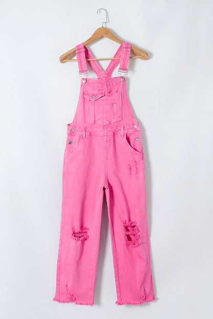 Distressed Pocketed Wide Strap Denim Overalls Pink