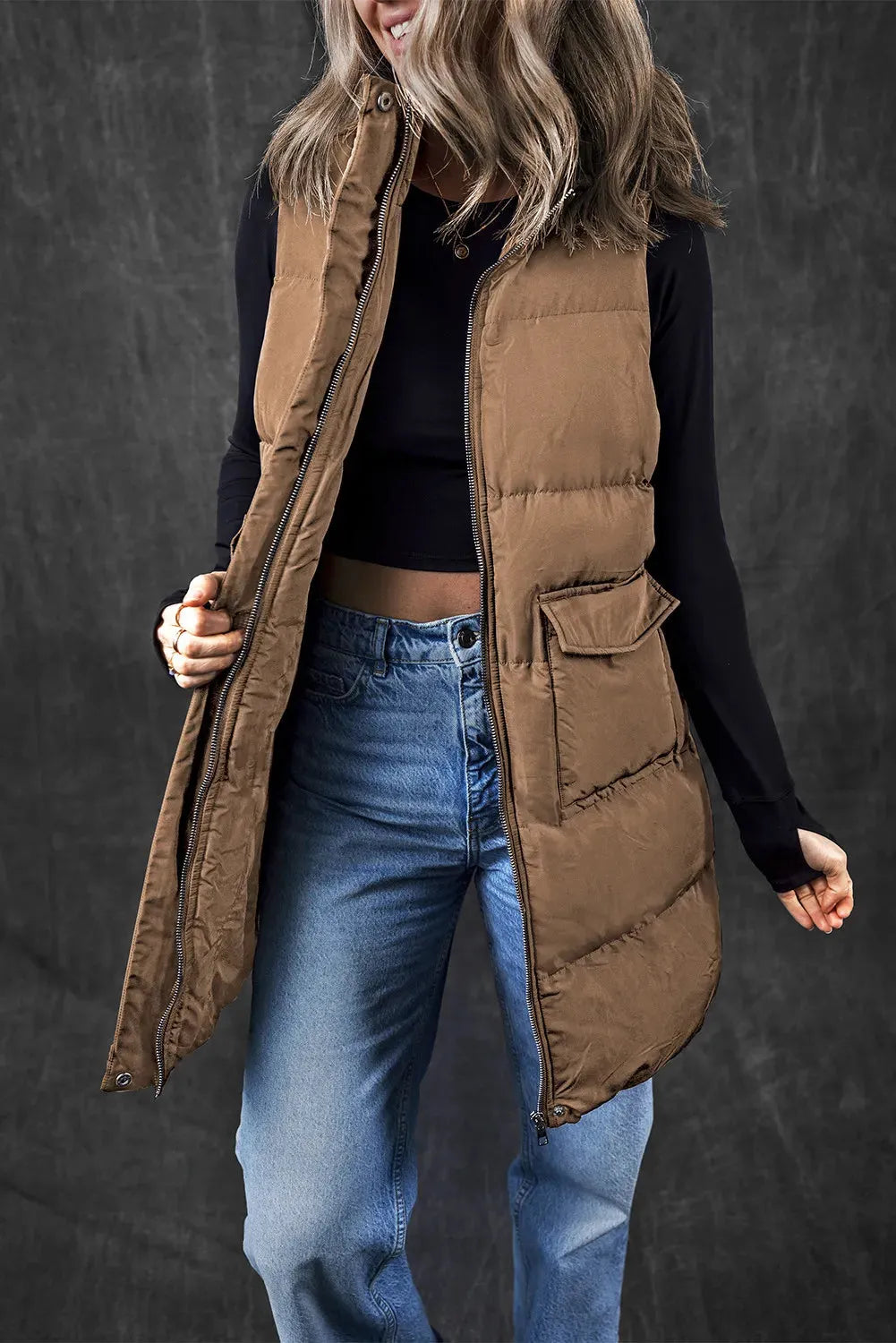 Pocketed Zip Up Vest Coat Caramel