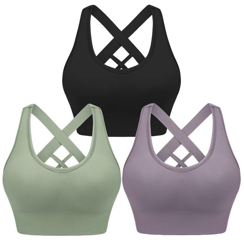 Four seasons women's solid sports nylon sports bra Black+purple+green