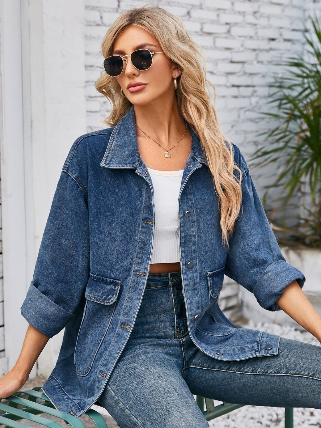 Button Up Long Sleeve Denim Jacket Dusty Blue