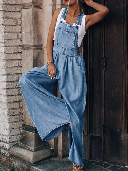 Wide Leg Denim Overalls Light