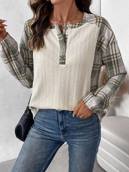 Perfee Plaid Half Button Long Sleeve T-Shirt Cream