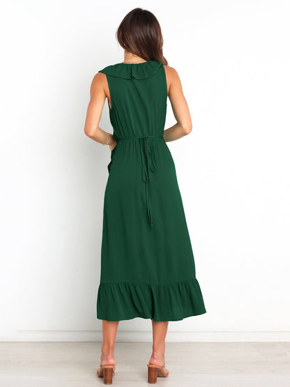 Ruffled Surplice Sleeveless Midi Dress Dark Green