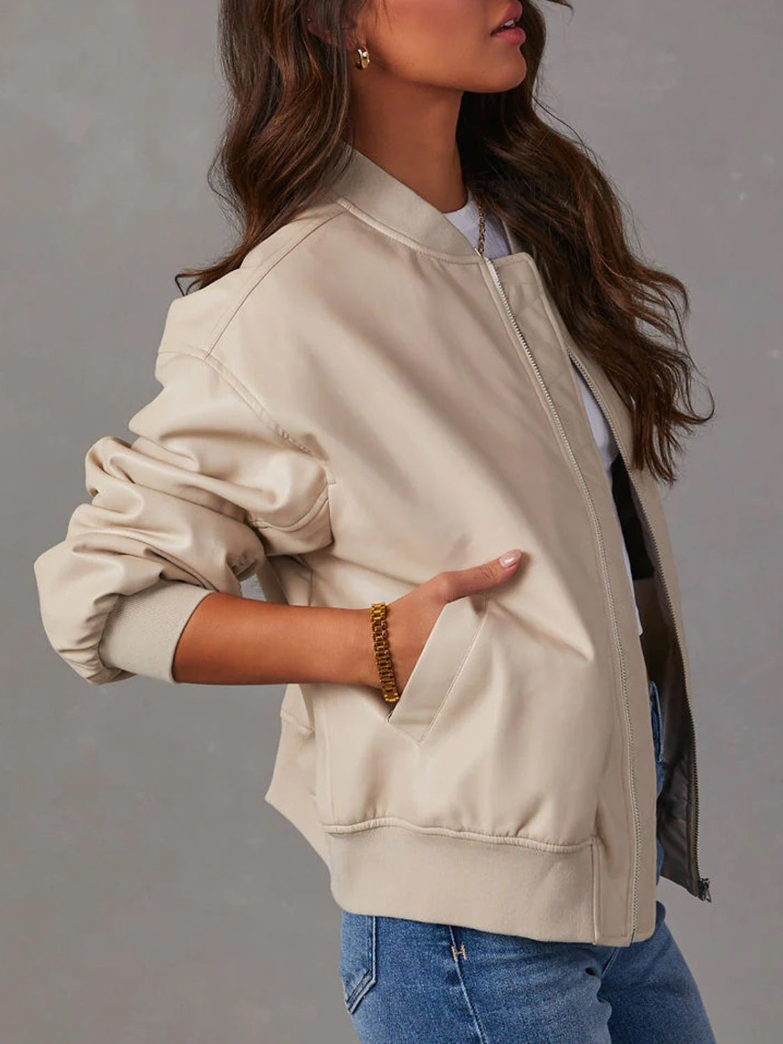 Zip Up Long Sleeve Jacket Beige