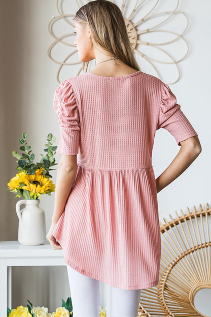 Heimish Full Size Waffle Knit V-Neck Babydoll Top ROSE