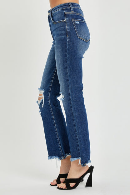 RISEN High Rise Distressed Crop Flare Jeans Dark