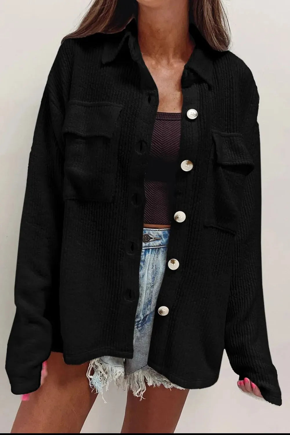 Button Up Long Sleeve Shacket Black