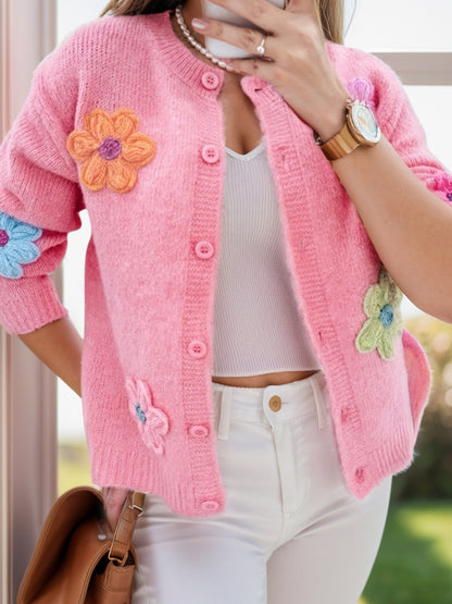 Flower Dropped Shoulder Long Sleeve Cardigan Blush Pink