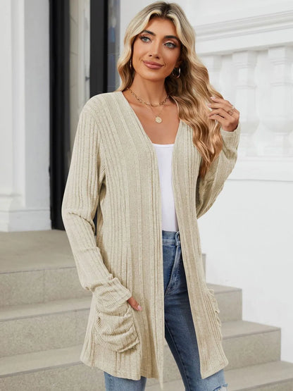 Pocketed Open Front Long Sleeve Cardigan