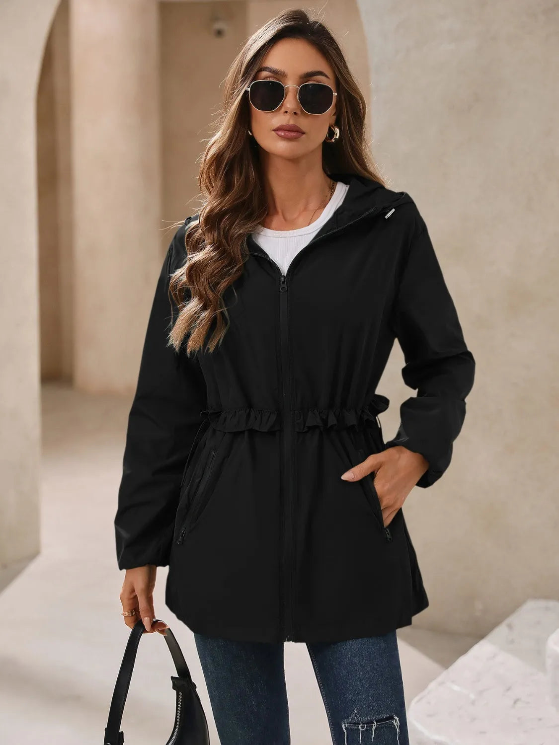 Outdoor Waterproof Long Sleeve Hooded Windbreaker Black