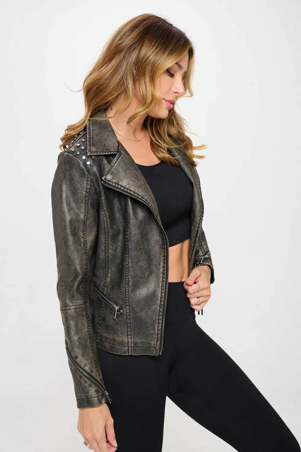 Coalition LA Studded Classic Moto Faux Leather Jacket Brown