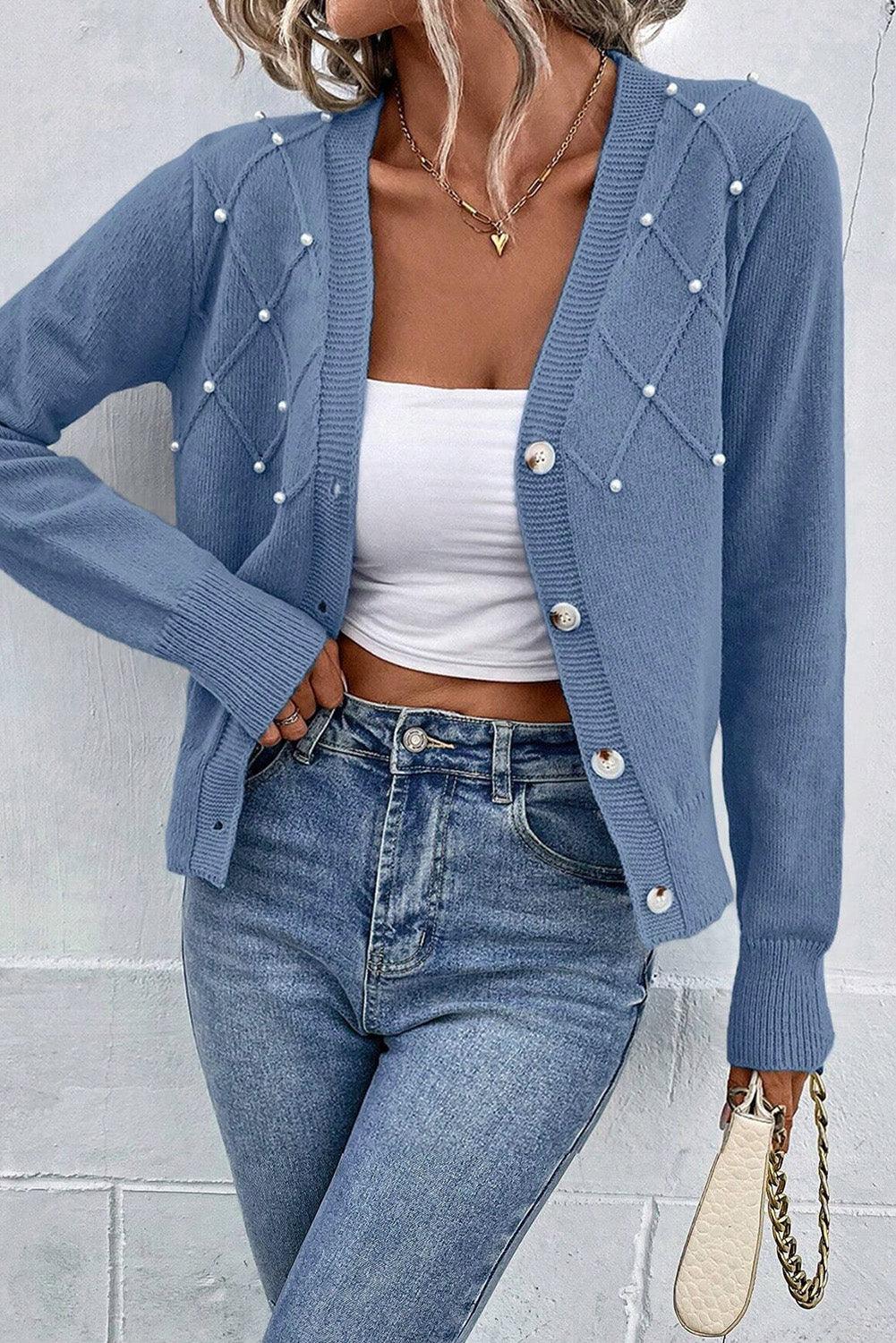 Pearl Trim Button Up Cardigan Dusty Blue