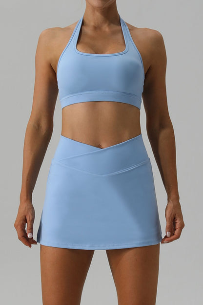 Halter Neck Tank and Slit Skirt Active Set Light Blue