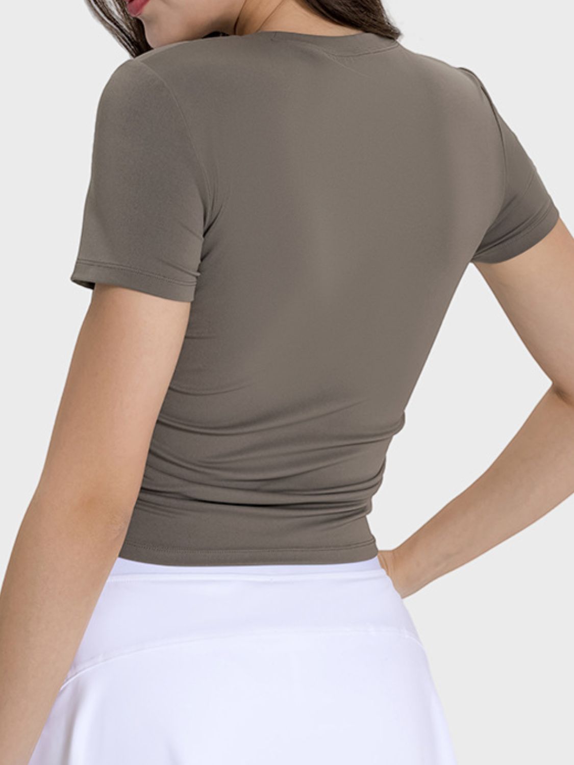 Millennia Ruched Round Neck Short Sleeve Active T-Shirt Mocha