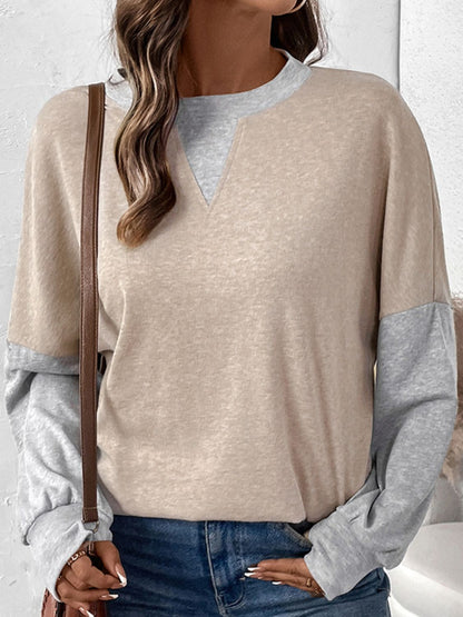 Perfee Contrast Round Neck Long Sleeve T-Shirt Tan