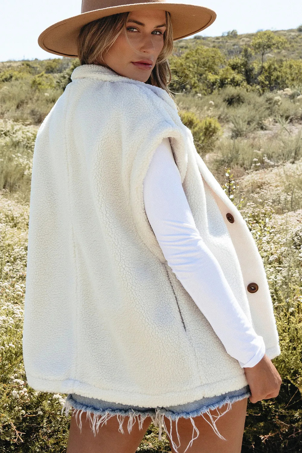 Fuzzy Mock Neck Button Up Vest Coat White