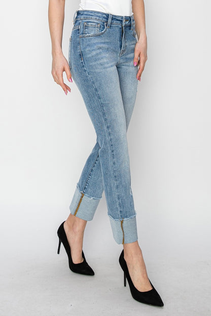 RISEN Full Size High Rise Cuffed Slim Straight Jeans Light