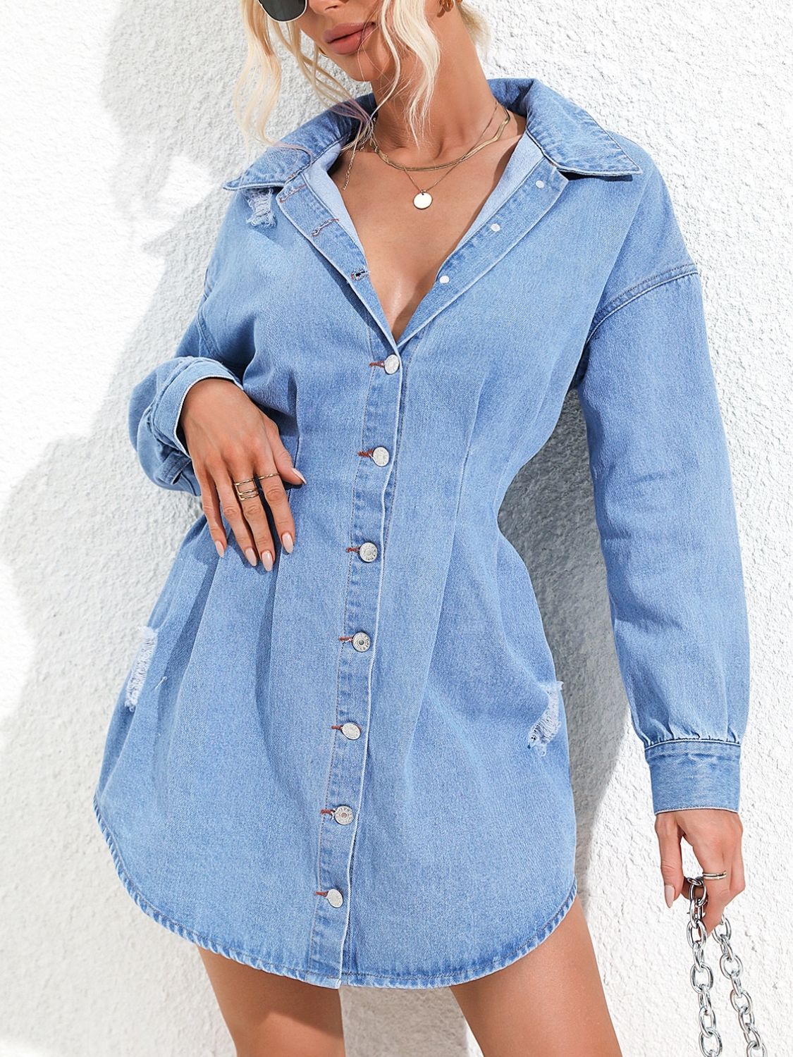 Distressed Button Up Long Sleeve Denim Dress Light