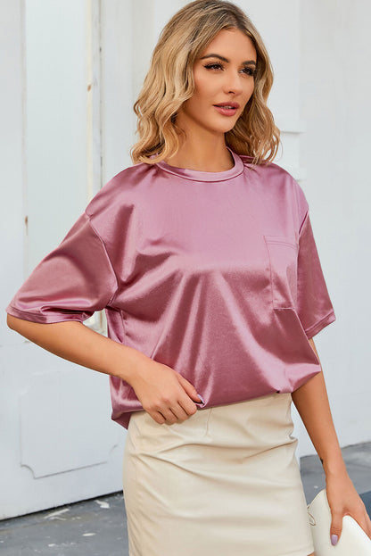 Double Take Round Neck Dropped Shoulder Top Dusty Pink