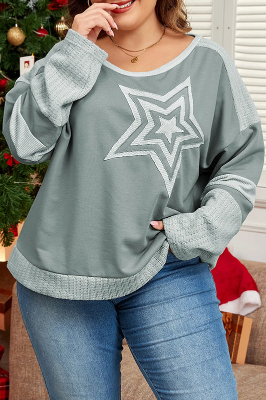 Plus Size Star Round Neck Long Sleeve Top Sage