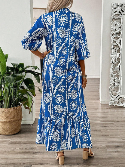 Printed Notched Half Sleeve Maxi Dress Blue