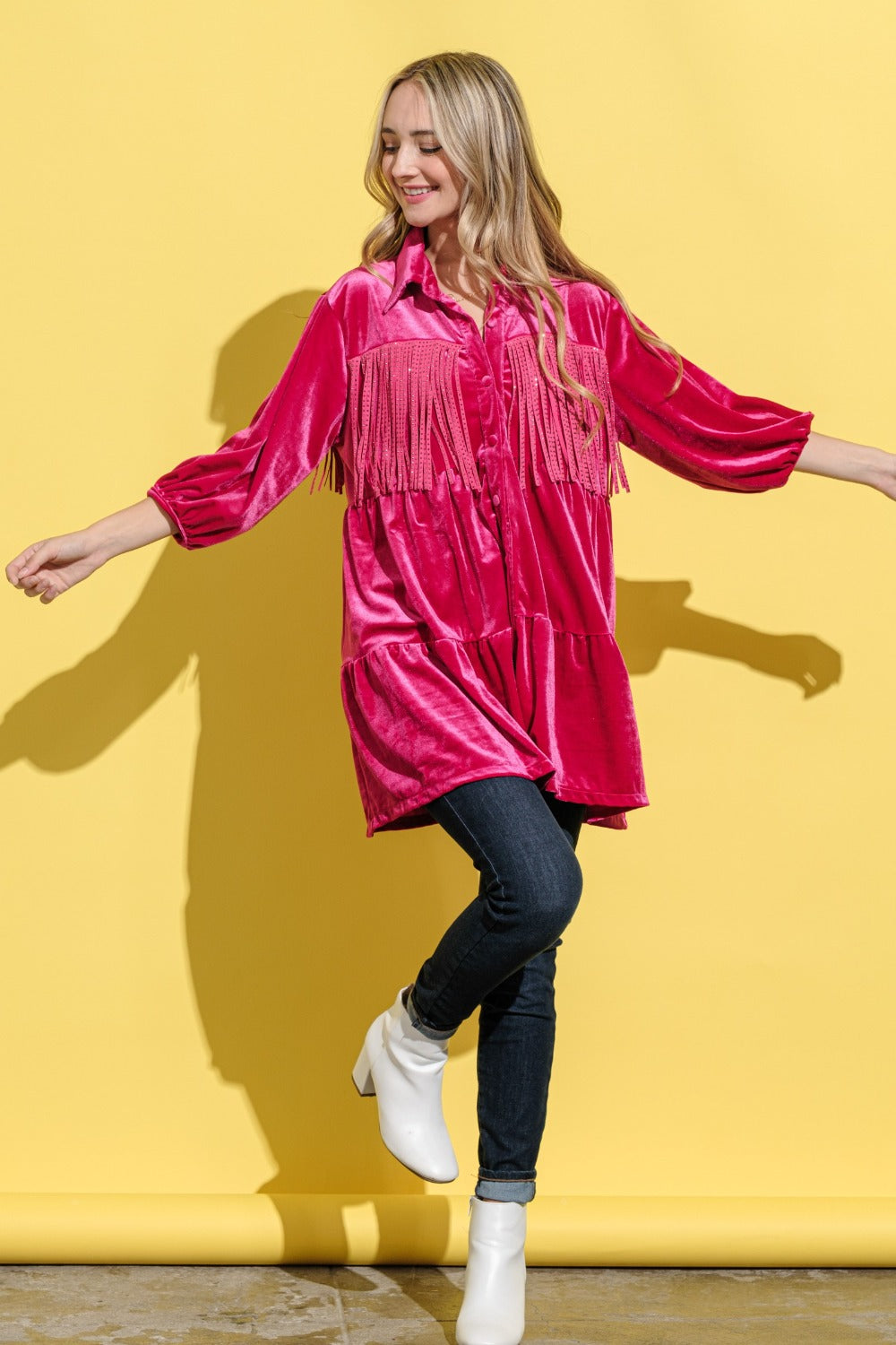 And The Why Fringe Detailed Velvet Shirt Dress Magenta