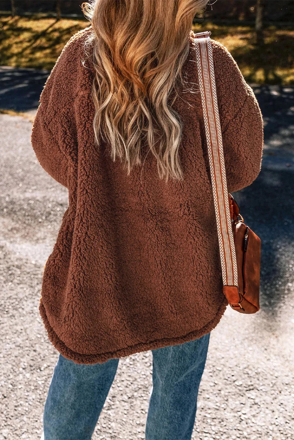 Fuzzy Snap Down Dropped Shoulder Jacket Brown