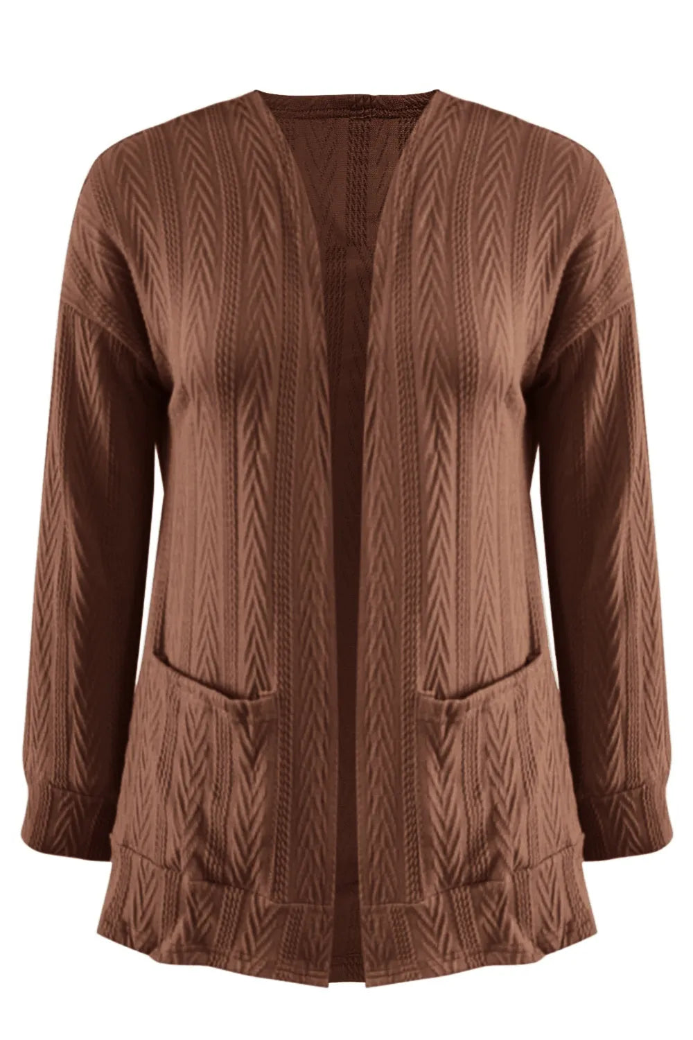 Full Size Textured Open Front Long Sleeve Cardigan Coffee Brown