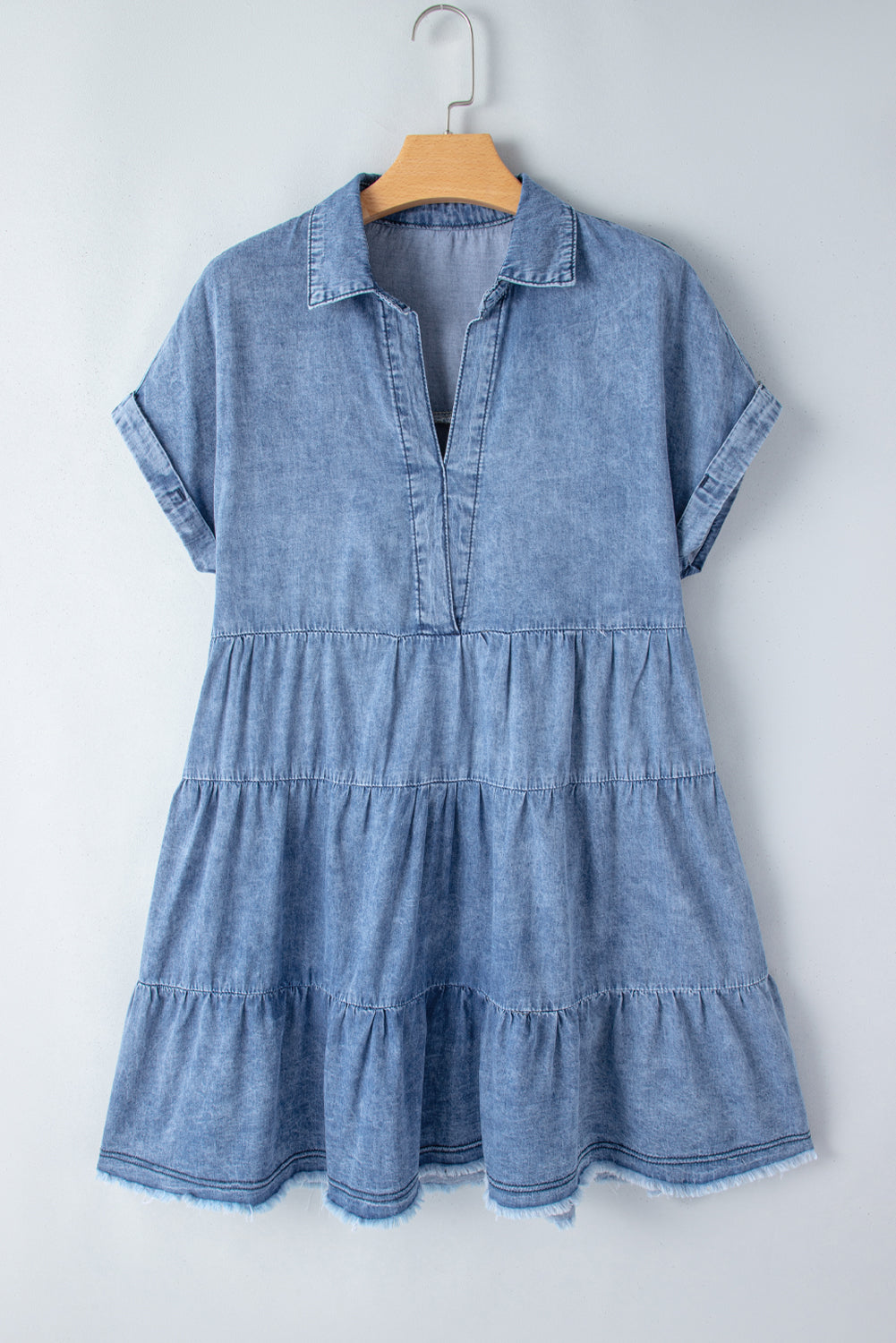 Raw Hem Collared Neck Short Sleeve Denim Dress Medium