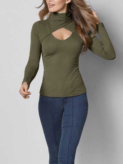 Cutout Turtleneck Long Sleeve T-Shirt Army Green