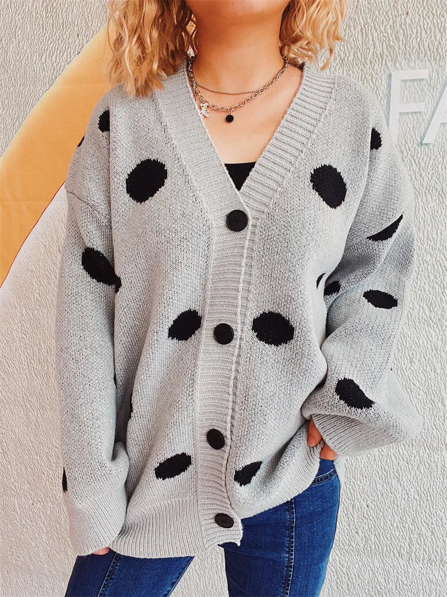 Polka Dot Button Up Cardigan Light Gray One Size